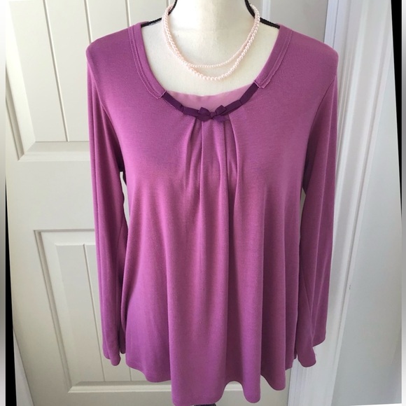 Vera Wang Rose Pink Mesh Bow Accent Pullover Long Sleeve Top Size Large - Picture 2 of 4